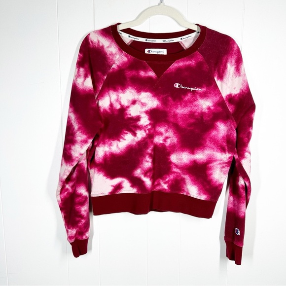 Champion Magenta Tie Dye Long Sleeve Cropped Sweatshirt Medium - Picture 1 of 5